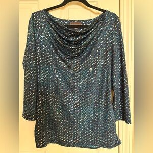 Dana Buchman Teal and Black Abstract Draped Neck Top